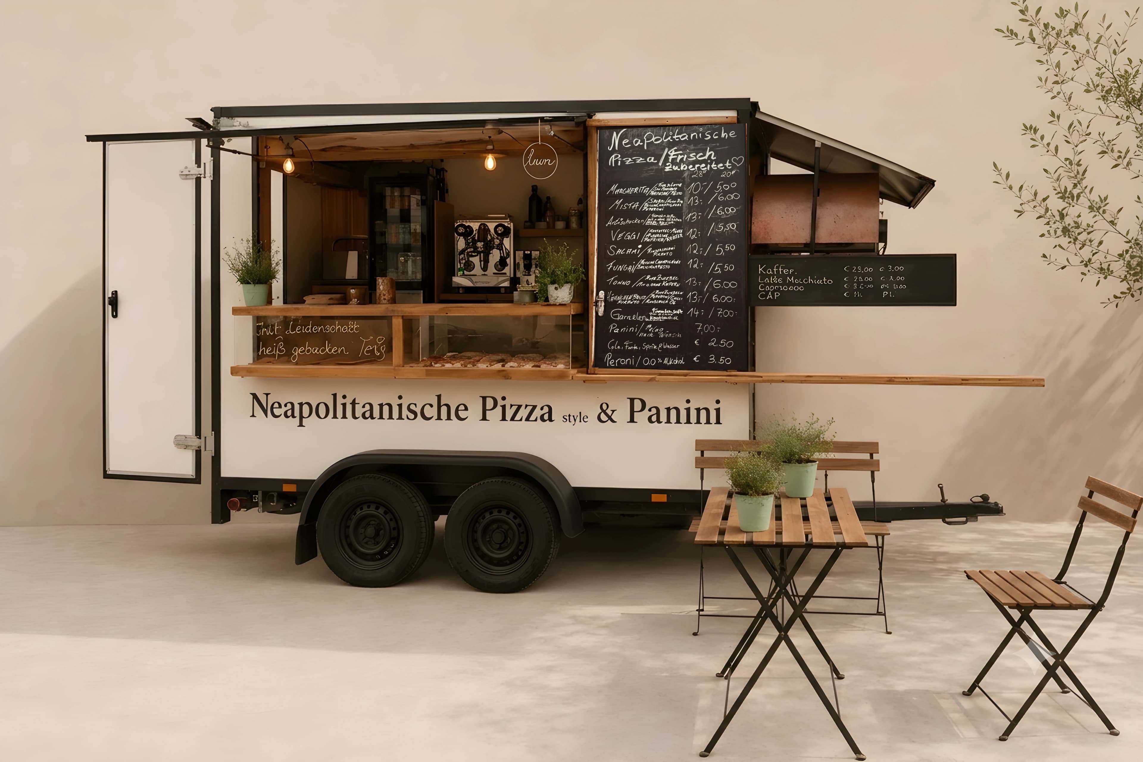 Der Moni-Montana-Foodtruck mit offener Klappe, Holztresen und Kreidetafel, davor Bistrotisch und Stühle